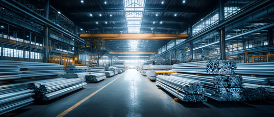 Modern Steel Factory Interior with Stacked Metal Bundles