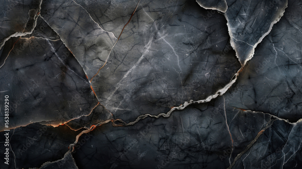 Poster dark textured surface with intricate cracks and veins, resembling natural stone or marble. deep colo