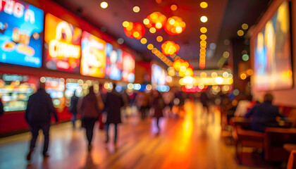 Blurred view inside a movie theater lobby, with people walking and posters.