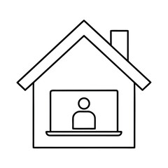 Simple outline illustration of a house with a laptop symbolizing remote work and home office setup