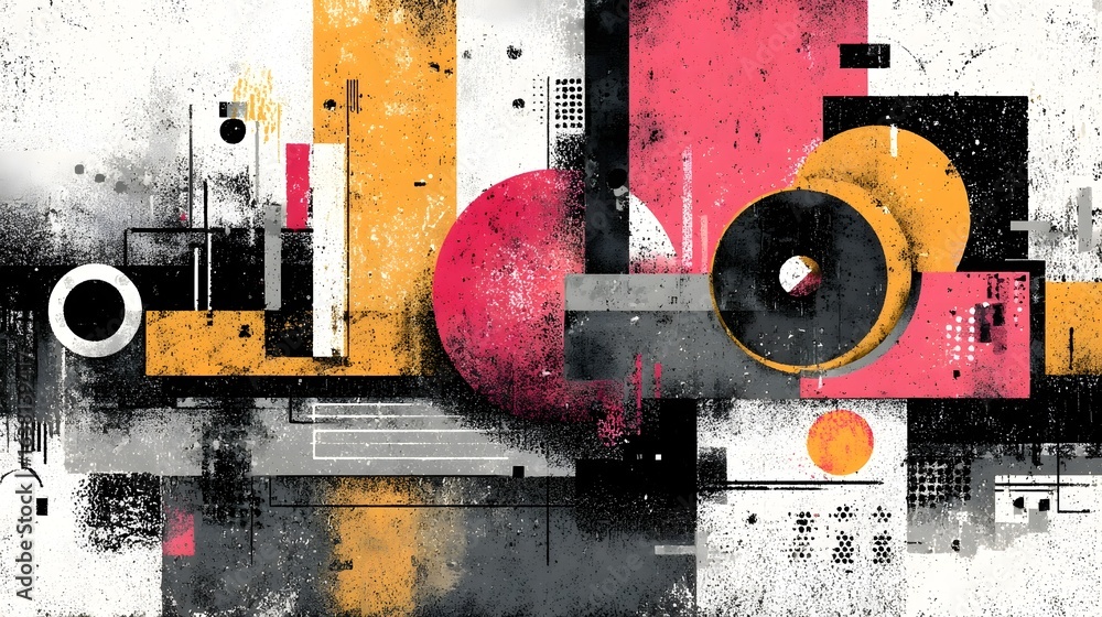 Poster striking abstract composition featuring a dynamic arrangement of geometric shapes lines and vibrant 