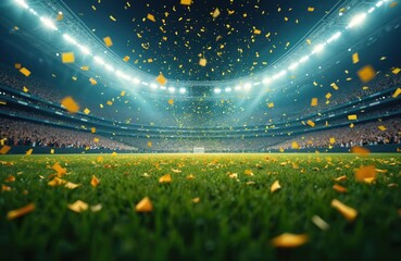 Illuminated soccer stadium filled with cheering crowd, falling yellow confetti. Grass field shows bright lights, creating festive energetic atmosphere after winning match. Nighttime spectacle
