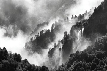 Misty mountain valley with waterfalls (1)