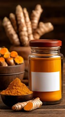 Fresh Raw Turmeric Roots with Powder on Wooden Table