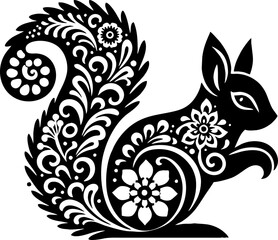 Squirrel Solid Black Color Vector Silhouette in Mexican Folk Art Style