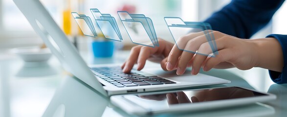 Digital Workflow: A focused individual interacts with technology, data, and digital file icons over a modern workspace, embodying the concepts of organization, data storage.