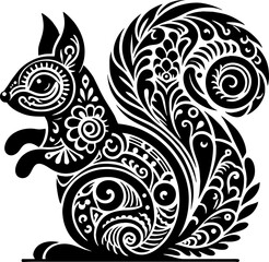 Squirrel Solid Black Color Vector Silhouette in Mexican Folk Art Style