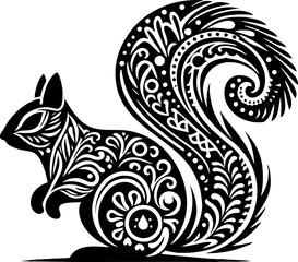 Squirrel Solid Black Color Vector Silhouette in Mexican Folk Art Style