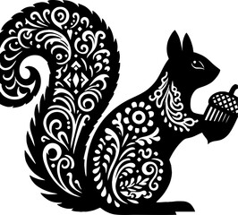 Squirrel Solid Black Color Vector Silhouette in Mexican Folk Art Style