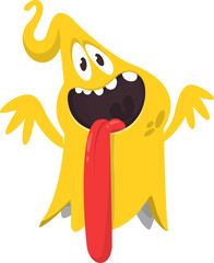 Cartoon cute ghost monster with funny excited face expression waving hands . Vector illustration isolated on white. Halloween design