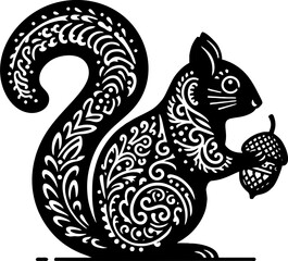 Squirrel Solid Black Color Vector Silhouette in Mexican Folk Art Style