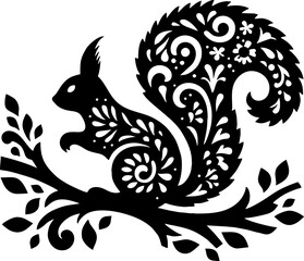 Squirrel Solid Black Color Vector Silhouette in Mexican Folk Art Style