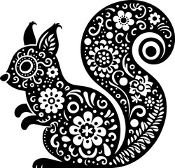 Squirrel Solid Black Color Vector Silhouette in Mexican Folk Art Style