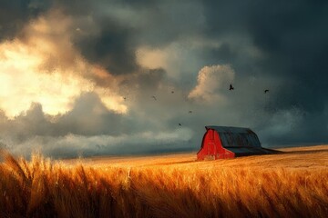 Red barn in golden wheat field under dramatic sky (1)