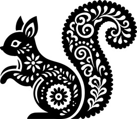 Squirrel Solid Black Color Vector Silhouette in Mexican Folk Art Style