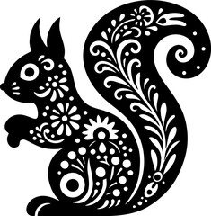 Squirrel Solid Black Color Vector Silhouette in Mexican Folk Art Style