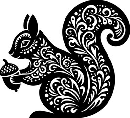 Squirrel Solid Black Color Vector Silhouette in Mexican Folk Art Style