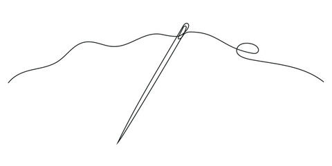 Sewing needle continuous one line drawing and minimalist style isolate outline vector icon