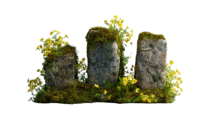 Moss Covered Weathered Stone Columns with Yellow Wildflowers on Transparent Background