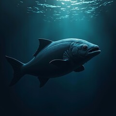 Fototapeta premium Fish Swimming Underwater in Dark Blue Sea Environment