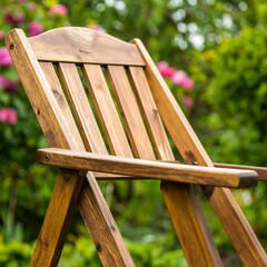 Fototapeta premium Close-up of a wooden folding chair in a garden setting exudes tranquility