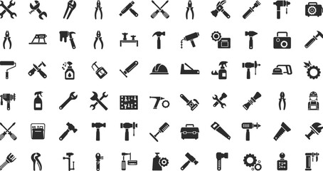 Hand tools icons, construction equipment, repair instruments, maintenance tools, mechanic symbols, DIY hardware, vector illustrations, workshop essentials, black and white design