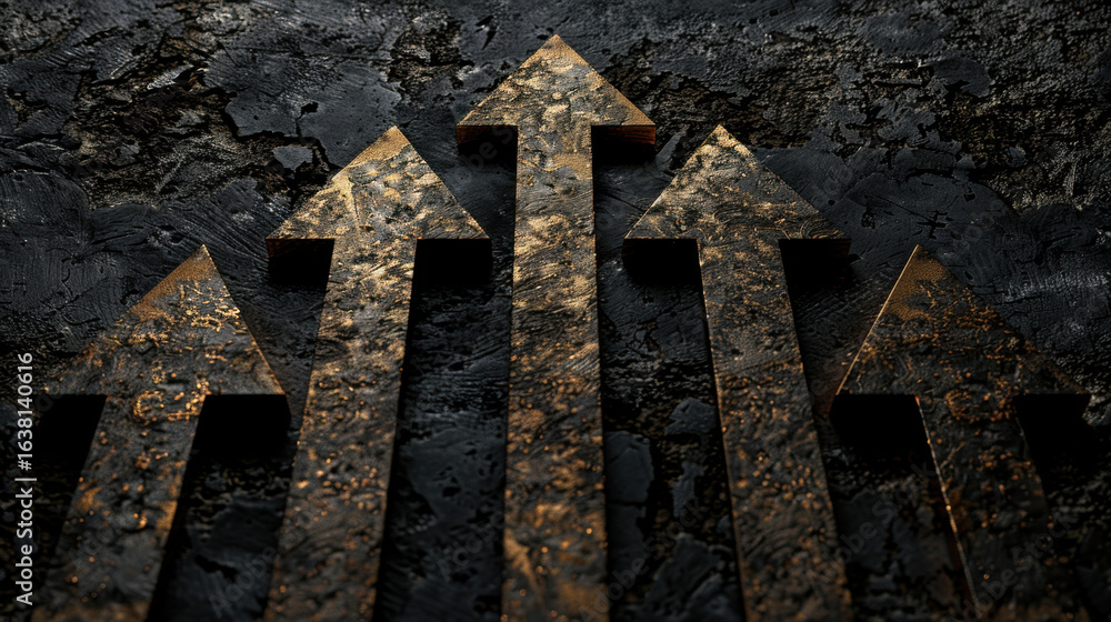 Poster rusty arrows pointing upward on textured dark background symbolize growth and progress. metallic fin