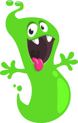 Cartoon cute ghost monster with funny excited face expression waving hands . Vector illustration isolated on white. Halloween design