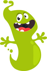 Cartoon cute ghost monster with funny excited face expression waving hands . Vector illustration isolated on white. Halloween design