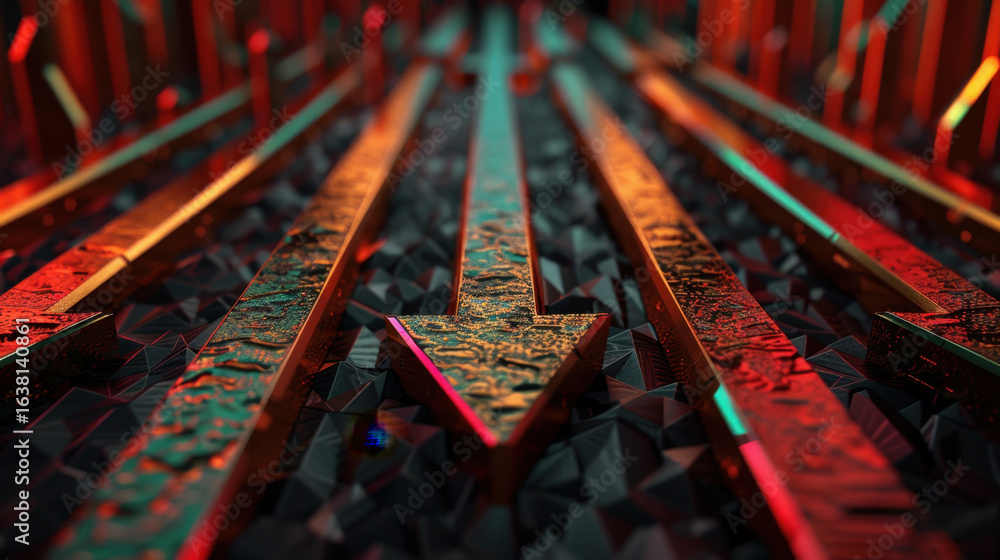 Poster textured arrows vibrant colors create striking visual effect against dark, geometric background. int