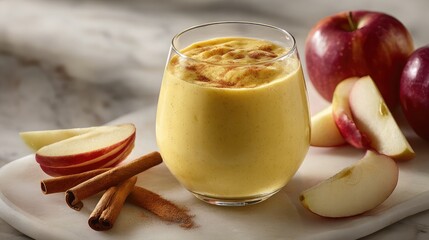 Apple cinnamon smoothie with apple slices and cinnamon sticks styled beside the glass on white
