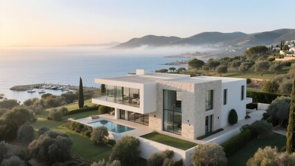 Elevated coastal residence offering panoramic views of the sea and mountains on a clear day