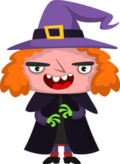 Cute cartoon witch character design. Halloween vector illustration of red haired  witch lady in big hat with a broom. 