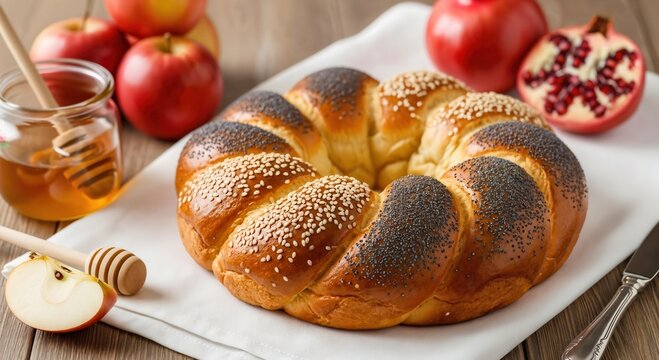 Festive Jewish New Year food. Round braided challah with poppy and sesame seeds, apples, honey, and pomegranate on a wooden table.