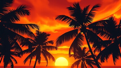Illustration of palm trees are silhouetted against a vibrant orange sunset over the ocean
