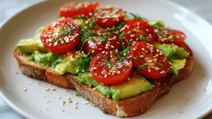 Avocado toast topped with sliced tomato and sesame seeds on a white plate