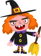 Cute cartoon witch character design. Halloween vector illustration of red haired  witch lady in big hat with a broom. 