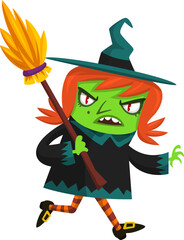 Cute cartoon witch character design. Halloween vector illustration of red haired  witch lady in big hat with a broom. 