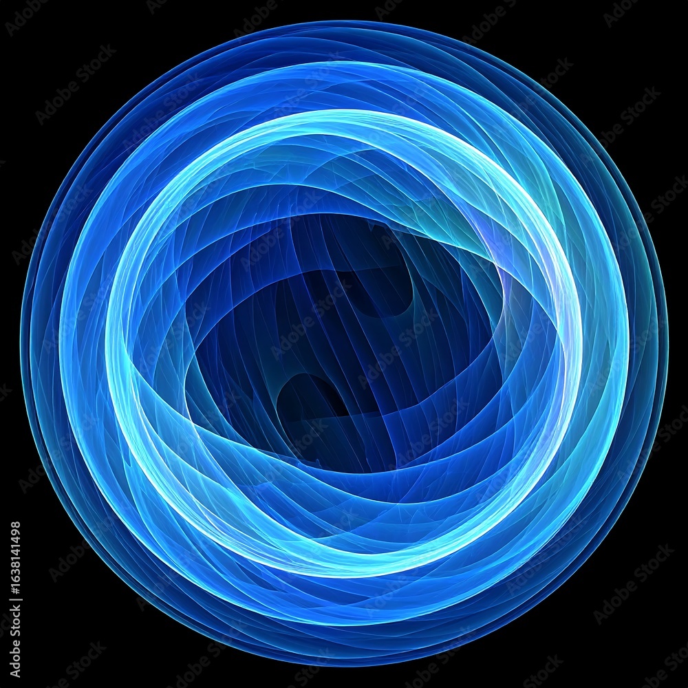 Poster circular blue swirling vortex design against a black background generating depth