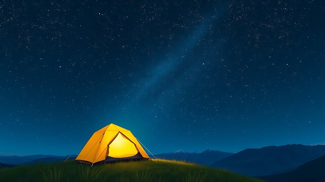Illustration of a glowing tent sits on a grassy hill under a vast starry night sky - Powered by Adobe