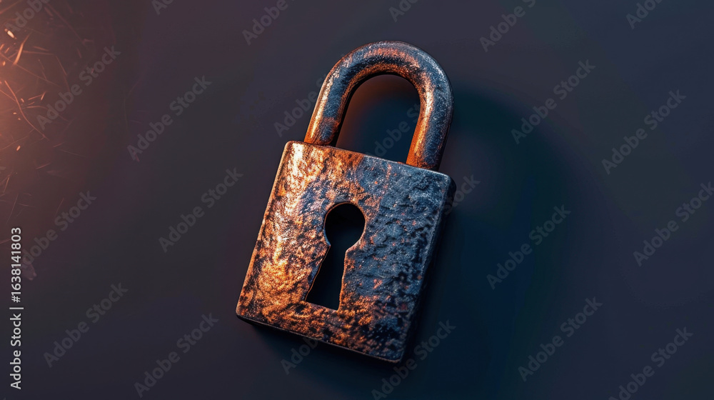 Poster close up view of vintage padlock with rusty texture, showcasing its intricate details and keyhole. w