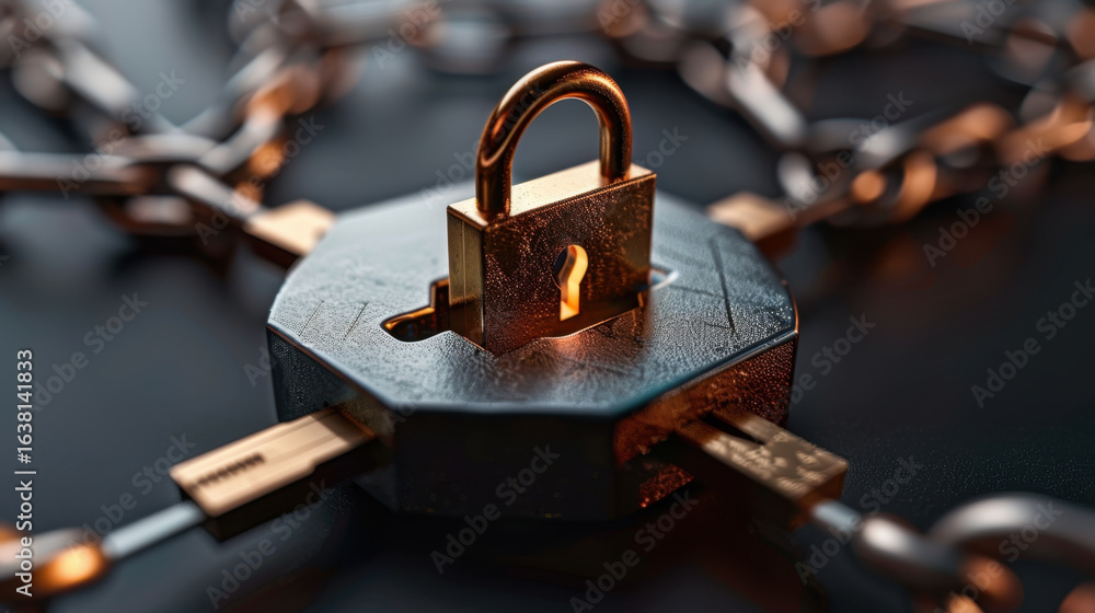 Poster close up view of padlock secured by chain, symbolizing security and protection. metallic texture and