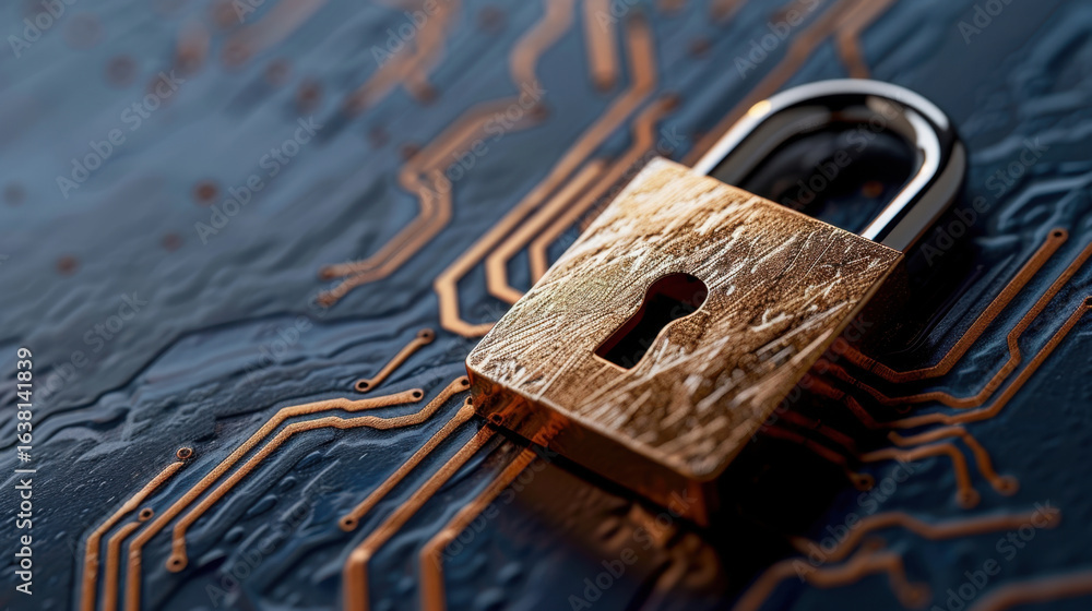 Poster close up view of metallic padlock resting on circuit board, symbolizing security and technology. int