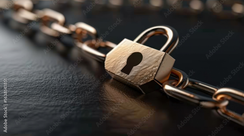 Poster close up view of shiny padlock attached to metal chain, symbolizing security and protection. lock fe
