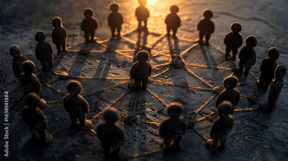 Poster image depicts group of small figures connected by strings, symbolizing network or community. warm li