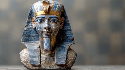 Obraz premium Close-up of a blue and gold ancient Egyptian pharaoh bust statue.