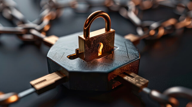Close up view of padlock secured by chain, symbolizing security and protection. metallic texture and intricate details evoke sense of strength and reliability