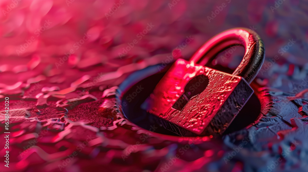 Poster close up view of metallic padlock resting in textured surface, illuminated with vibrant red and purp
