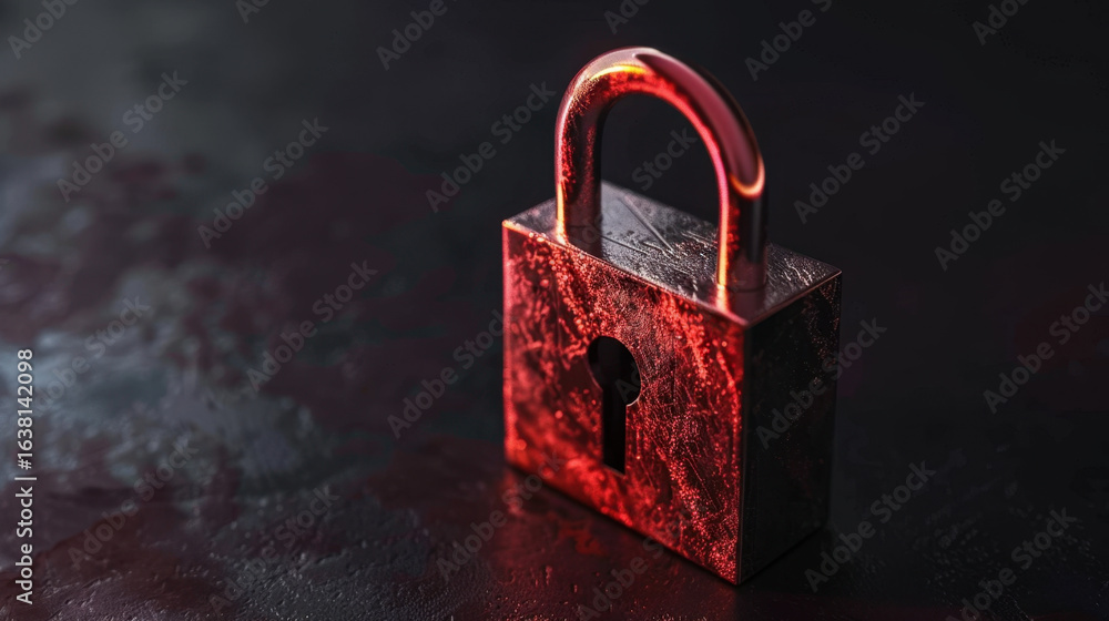 Poster shiny, metallic padlock sits on dark surface, illuminated by soft red glow, creating mysterious and 