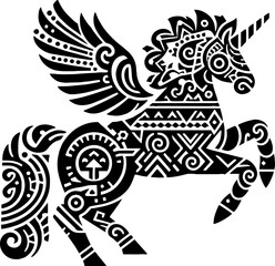 Elegant Unicorn Silhouette in Mexican Folk Art Style, Solid Black Vector Design